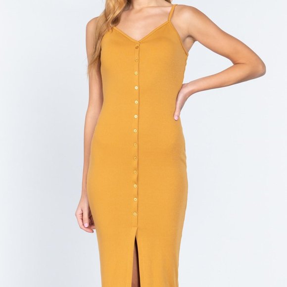 Women's Ocher Fron Button Slit Rib Cami Midi Dress For Valentine Size-S NWT - Picture 3 of 4